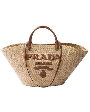 Prada Large Raffia And Leather Shopping Bag - Natural