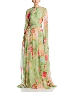 Teri Jon Chiffon Floral Cape Gown - Green