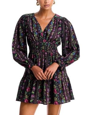 Aqua Floral Stripe V Neck Smocked Mini Dress - Black