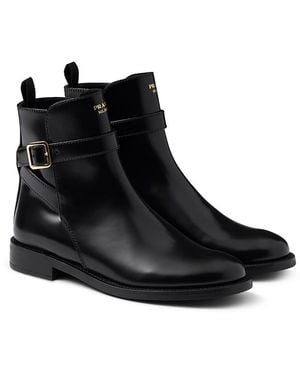 Prada Brushed Leather Ankle Boots With Strap - Black