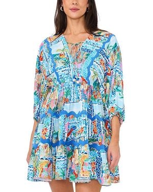 Vince Camuto Printed Tie Front Three Tier Mini Dress - Blue