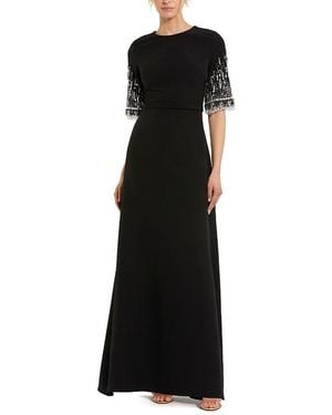 Mac Duggal Petite Crepe A Line Gown With Beaded 3/4 Sleeves - Black