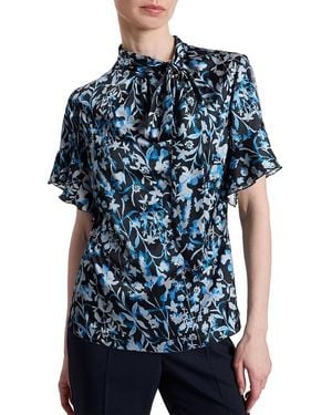 Santorelli Athena Floral Blouse With Short Flutter Sleeves - Blue