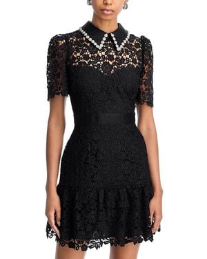 Aqua Pearl Trim Short Sleeve Lace Mini Dress - Black