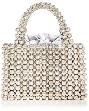 Aqua Beaded Top Handle Bag - White
