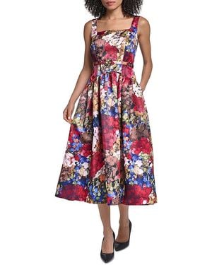 KARL LAGERFELD Sleeveless Floral Belted Waist Midi Dress - Red