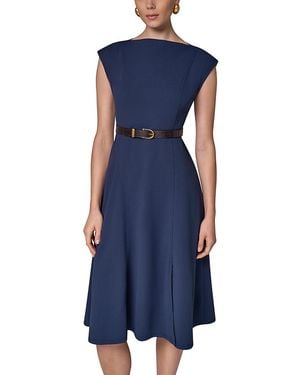 Donna Karan Cap Sleeve Boat Neck Belted A Line Dress - Blue