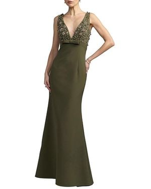 Mac Duggal Crepe Sleeveless Beaded V Neck Gown With Bow - Green