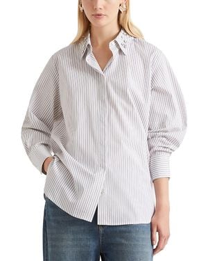 Marella Rhinestone Collar Striped Shirt - Gray