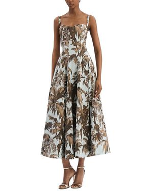 Oscar de la Renta Sleeveless Large Chine Palm Leaves Poplin Day Dress - White
