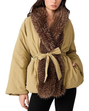 Steve Madden Millarca Faux Fur Trim Puffer Jacket - Brown