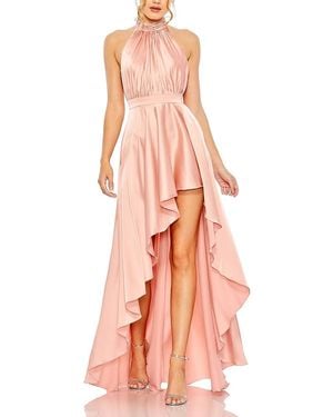 Mac Duggal High Neck Satin High Low Gown - Pink