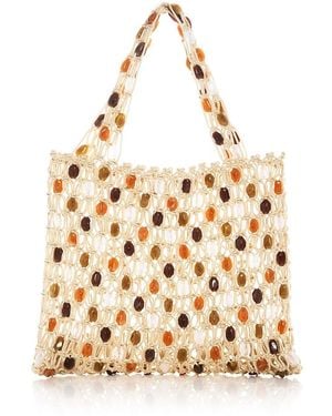 Aqua Medium Beaded Tote Bag - Natural