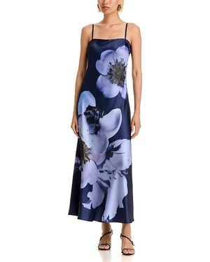 Aqua Oversized Floral Stretch Satin Midi Dress - Blue