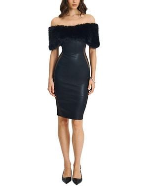 Miss Circle Bellis Fur Trim Mesh Panel Off-Shoulder Midi Dress - Blue