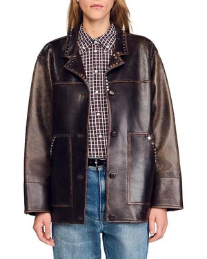Sandro Oversized Leather Jacket With Studs - Brown