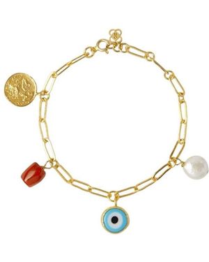 Ottoman Hands Cornicello Evil Eye And Pearl Charm Bracelet - Metallic