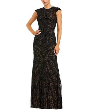 Mac Duggal Petite Beaded Lace Mesh High-Neck Sleeveless Column Gown - Black