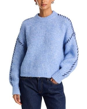 Aqua Whipstitch Trim Crewneck Sweater - Blue