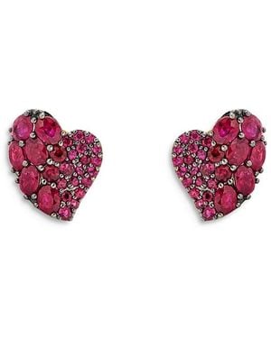 Piranesi 18K Small Wave Heart Earrings With Rubies - Purple