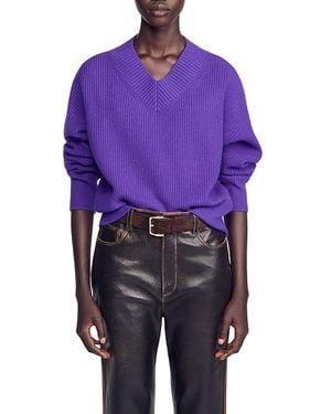 Sandro Wool & Cashmere Ribbed V Neck Sweater - Blue