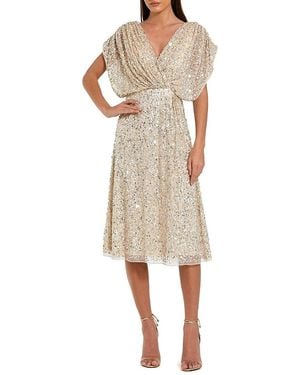 Mac Duggal Sequin Draped Sleeve V-Neck Midi Dress - Natural