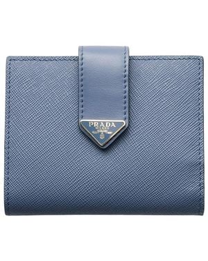 Prada Small Saffiano And Smooth Leather Wallet - Blue