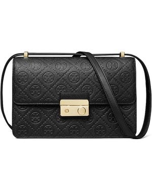 Tory Burch T Monogram Pebble Leather Shoulder Bag - Black