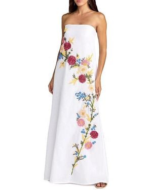 Mac Duggal Strapless Floral Embroidered Linen Gown - White
