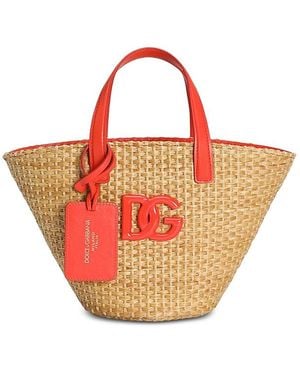 Dolce & Gabbana Dolce & Gabanna Straw & Leather Logo Tote - Pink