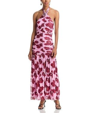 Aqua Floral Mesh Rosette Maxi Dress - Red