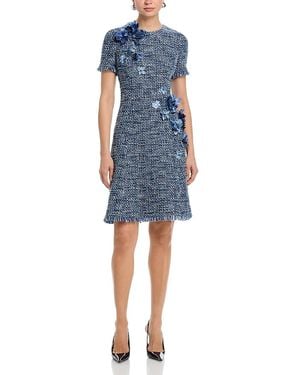 Teri Jon Tweed Short Sleeve 3D Flower Trim Dress - Blue