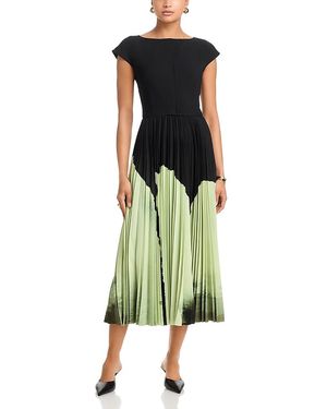 Jason Wu Watercolor Floral Matte Crepe Pleated Dress - Green