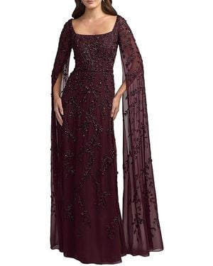 Mac Duggal Beaded Georgette Square Neck Cape Sleeve Gown - Red