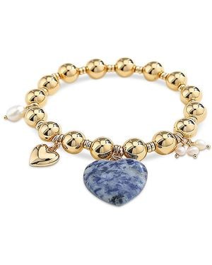 Aqua Heart Charm Beaded Stretch Bracelet - Metallic