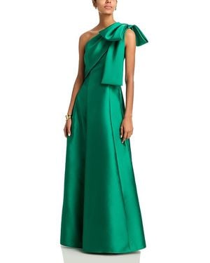 Aqua Long Mikado One Shoulder Bow Fit And Flare Gown - Blue