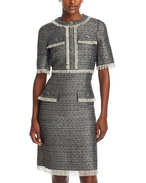 Teri Jon Metallic Tweed Fringe Trim Dress - Gray
