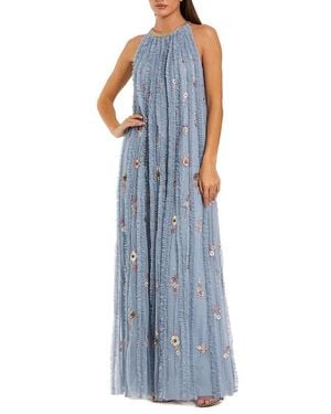 Mac Duggal Mesh Trapeze High Neck Dress With Embroidery - Blue