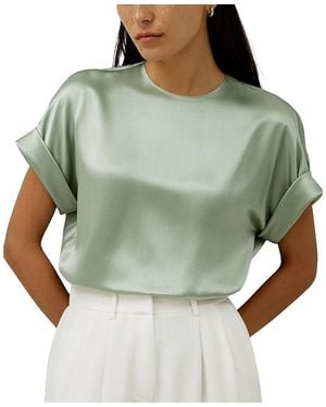 LILYSILK Obliuque Sleeves Round Neck Silk Tee - Green