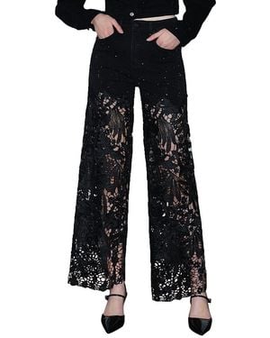 Bayeas Embroidery Wide Leg Lace Jeans With Rhinestone - Black