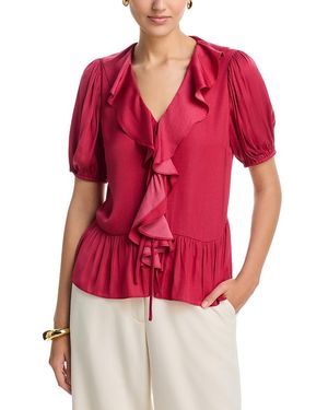 Tahari Puff Sleeve V-Neck Blouse - Red