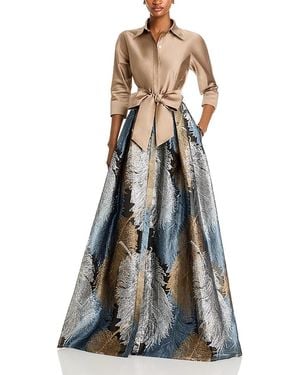 Teri Jon Metallic Jacquard Shirt Dress Gown - Multicolor