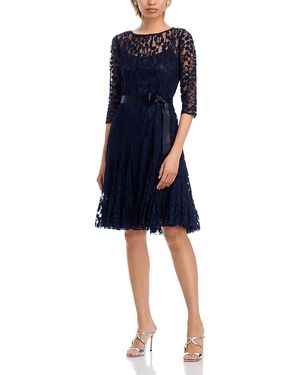 Teri Jon Leaf Lace Pintuck Dress - Blue