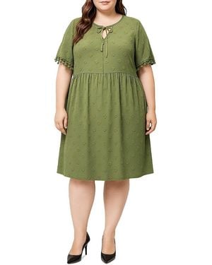 Standards & Practices Plus Tied Neck Tassel Short Sleeve Mini Dress - Green