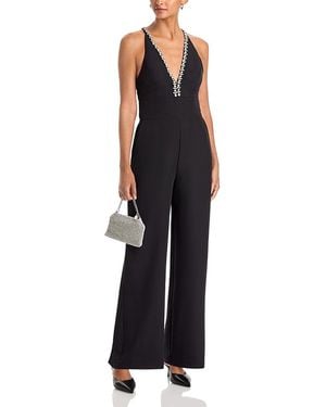 Aqua Jewel Trim Plunge V Neck Jumpsuit - Black