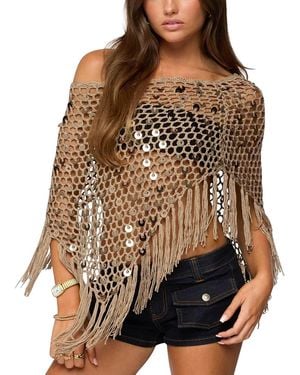 Edikted Fringe Sequin Crochet Poncho - Brown