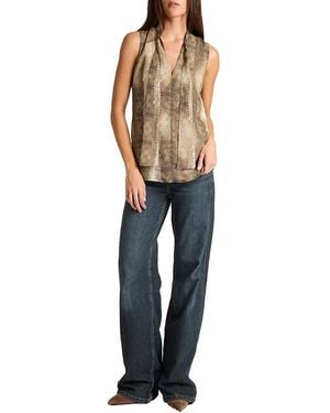 Santorelli Teca Printed Georgette Sleeveless Tie Neck Blouse - Green