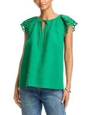 Tahari Embroidered Puff Sleeve Split Neck Blouse - Green