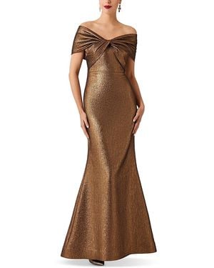 Teri Jon Off Shoulder Twist Metallic Jacquard Gown - Brown