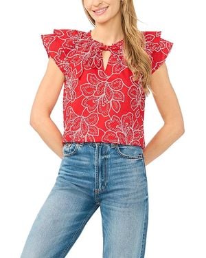 Cece Eyelet Flutter Sleeve Tie Neck Top - Blue